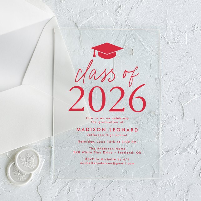 Invitaciones Acrílicas Clase moderna del Partido de Graduación Roja 2025 (Subido por el creador)