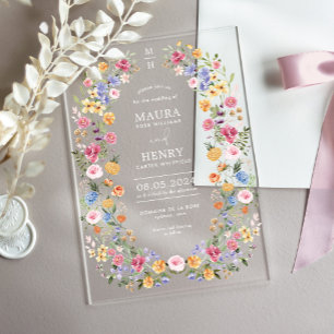 Invitaciones Acrílicas Clase Monograma Floral de Boda de Primavera
