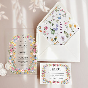 Invitaciones Acrílicas Clásica Boda de Jardín de Flores Silvestres con Mo
