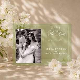 Invitaciones Acrílicas Clásica caligrafía verde foto guardar fecha
