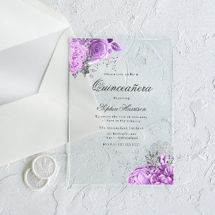 Invitaciones Acrílicas Clásica Elegante Lavanda Rosa y Plata Quinceañera