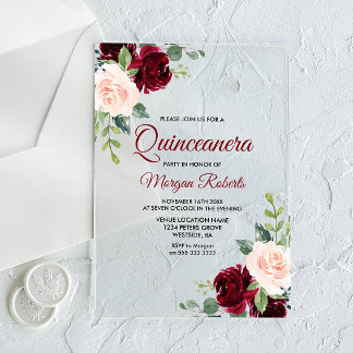 Invitaciones Acrílicas Clásica Quinceañera Floral Burgundy y Rubor