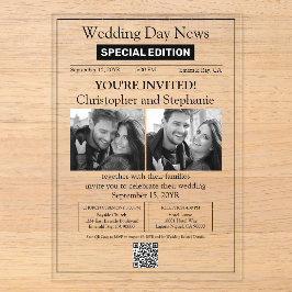 Invitaciones Acrílicas Clásico 2 Fotos en Blanco y Negro Periódico Boda