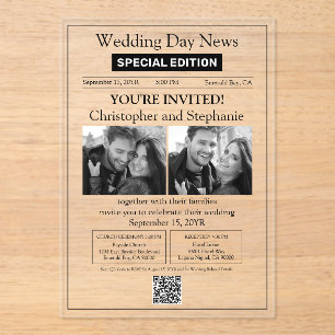 Invitaciones Acrílicas Clásico 2 Fotos en Blanco y Negro Periódico Boda