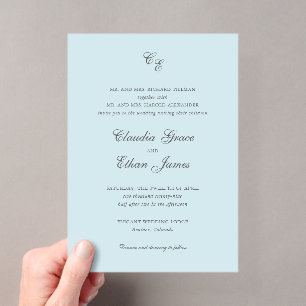 Invitaciones Acrílicas Clásico Azul Polvo Monograma Boda Elegante