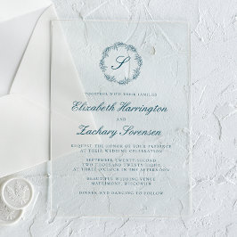 Invitaciones Acrílicas Clásico Azul Turquesa Monograma Corona Script Boda