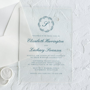 Invitaciones Acrílicas Clásico Azul Turquesa Monograma Corona Script Boda