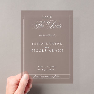 Invitaciones Acrílicas Clásico Brown Caligrafía Boda Guardar la Fecha