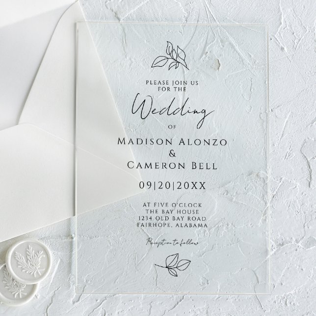 Invitaciones Acrílicas Clásico de caligrafía romántica moderno (Elegant Wedding Botanical Leaves Black & White Acrylic Invitations)