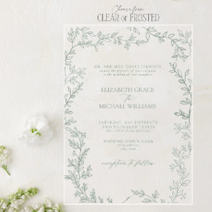Invitaciones Acrílicas Clásico Elegante Formal Boda de Hojas Verde Salvia