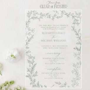 Invitaciones Acrílicas Clásico Elegante Formal Boda de Hojas Verde Salvia