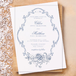 Invitaciones Acrílicas Clásico Elegante Marco Floral Azul Polvoriento Bod