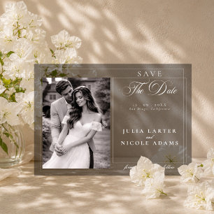 Invitaciones Acrílicas Clásico gris caligrafía foto guardar fecha