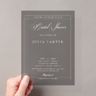 Invitaciones Acrílicas Clásico Gris Marfil Negro Caligrafía Bridal Shower