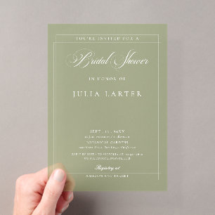 Invitaciones Acrílicas Clásico Marfil Verde Caligrafía Bridal Shower