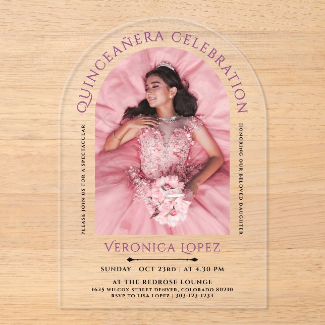 Invitaciones Acrílicas Clásico Moderno Elegante Chica Purple 15th Bday Ph (Anverso)