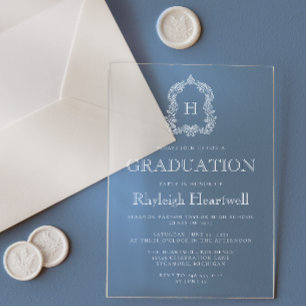 Invitaciones Acrílicas Clásico Monograma Cresta Blanca Fiesta de Graduaci