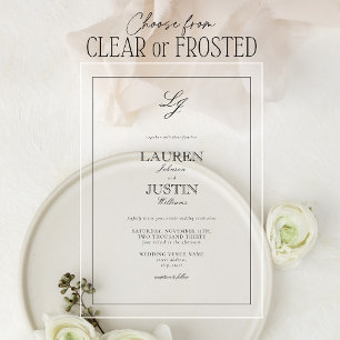 Invitaciones Acrílicas Clásico Monograma de Boda con Caligrafía en Blanco