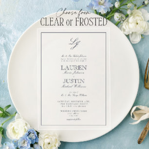 Invitaciones Acrílicas Clásico Monograma de Boda en Azul Marino con Calig