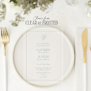 Invitaciones Acrílicas Clásico Monograma de Bodas en Verde Salvia en Letr