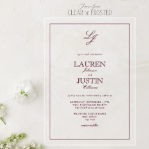 Invitaciones Acrílicas Clásico Monograma de Caligrafía Borgoña Boda