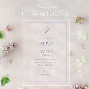 Invitaciones Acrílicas Clásico Monograma de Caligrafía de Lavanda para Bo