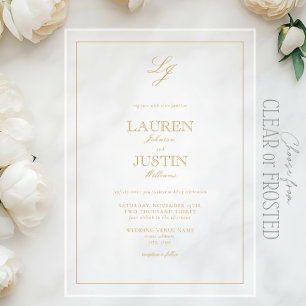 Invitaciones Acrílicas Clásico Monograma de Caligrafía en Oro Boda