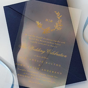 Invitaciones Acrílicas Clásico Monograma de Corona Floral de Oro Amarillo