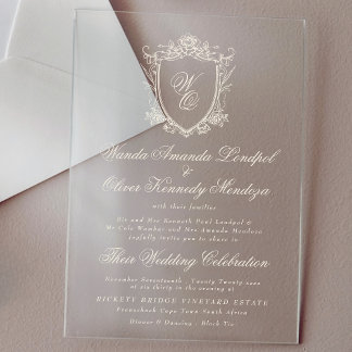 Invitaciones Acrílicas Clásico Monograma Floral Cresta de Boda Carbón