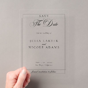 Invitaciones Acrílicas Clásico negro caligrafía boda guardar la fecha