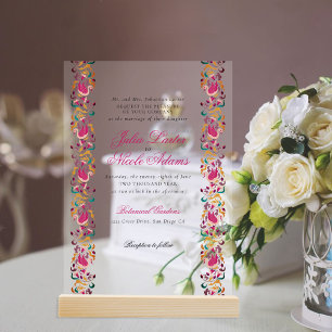 Invitaciones Acrílicas Clásico Rosa Verde Amarillo Floral Cisne Pájaro Bo
