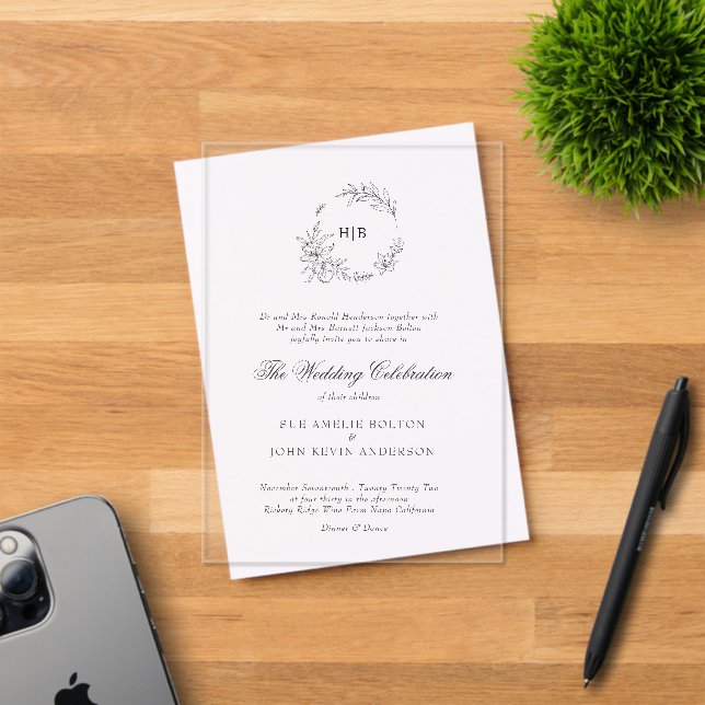 Invitaciones Acrílicas Classic Floral Wreath Monogram Wedding (Insitu (Tarjeta de Invitación))