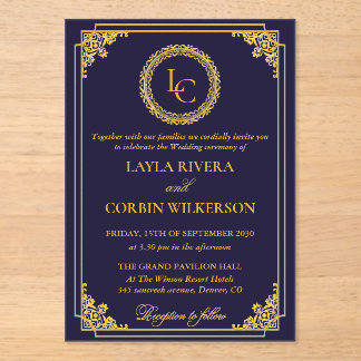 Invitaciones Acrílicas Classic Gold Frame Royal Monogram Wedding