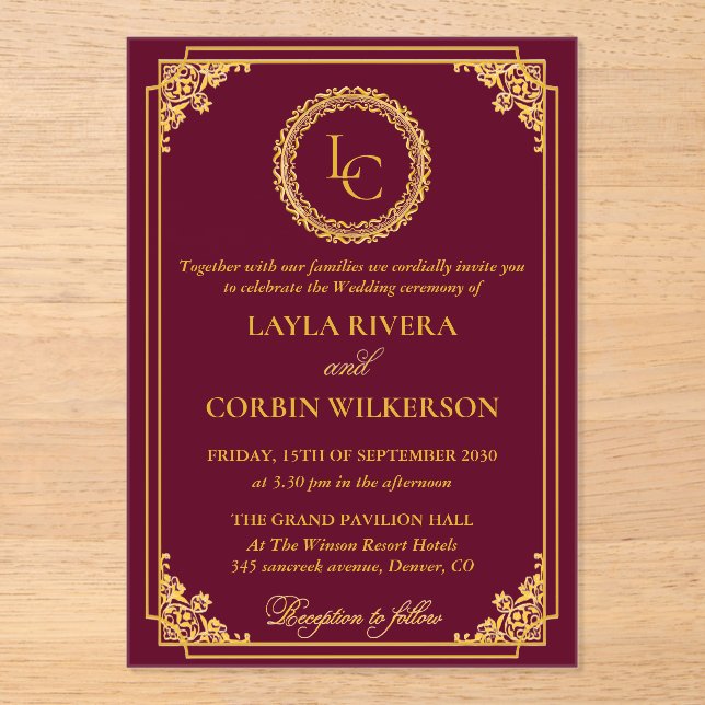 Invitaciones Acrílicas Classic Gold Frame Royal Monogram Wedding (Anverso)
