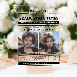 Invitaciones Acrílicas Classic Newspaper Style 2 Photo Graduation Party