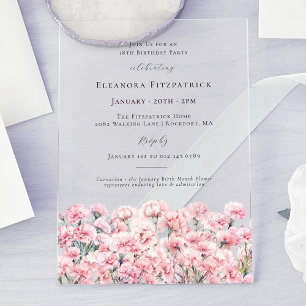 Invitaciones Acrílicas Clavel rosa cumpleaños 18 enero flor de nacimiento