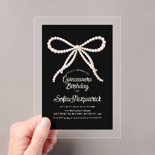 Invitaciones Acrílicas CLEAR ACRÍLICO Quinceañera Lazo de Perla Blanca y