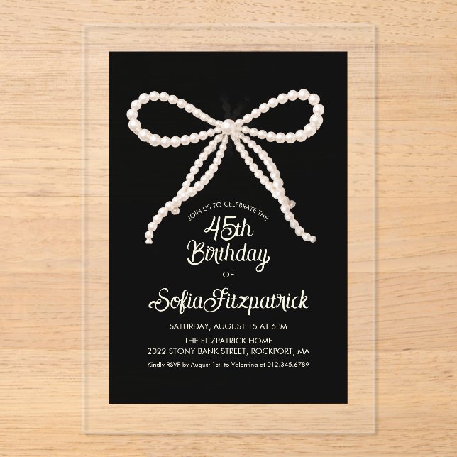 Invitaciones Acrílicas CLEAR ACRYLIC 45th Birthday Black White Pearl Bow (Anverso)