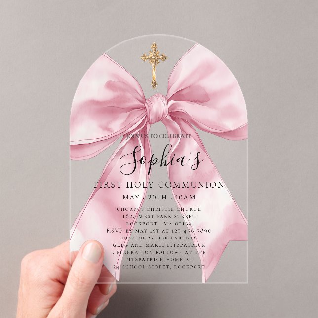 Invitaciones Acrílicas Clear Acrylic Girl's First Communion Pink Bow Arch (Insitu (portátil))