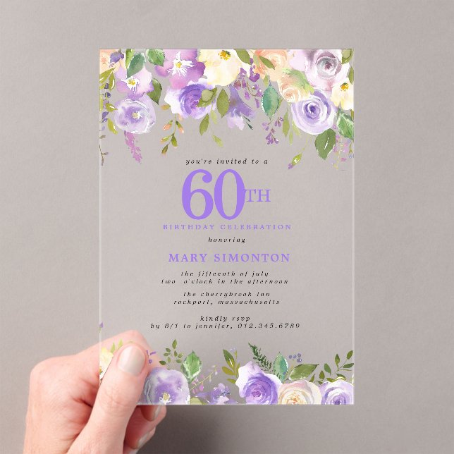 Invitaciones Acrílicas CLEAR ACRYLIC Purple Floral 60th Birthday Party (Insitu (portátil))