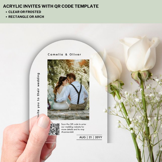 Invitaciones Acrílicas CLEAR Boda DE FOTOS Guardar fecha Código QR modern (Subido por el creador)