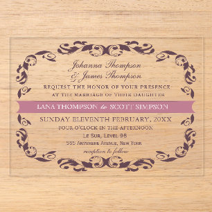 Invitaciones Acrílicas CLEAR Elegante Filigrana Victoriana Blanca Boda