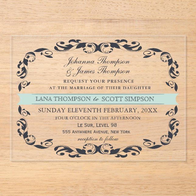 Invitaciones Acrílicas CLEAR Navy Elegant Victorian Filigree Wedding (Anverso)