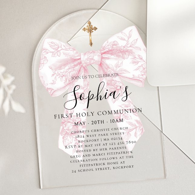 Invitaciones Acrílicas CLEAR Pink Toile Bow Girl First Communion Arch (Subido por el creador)