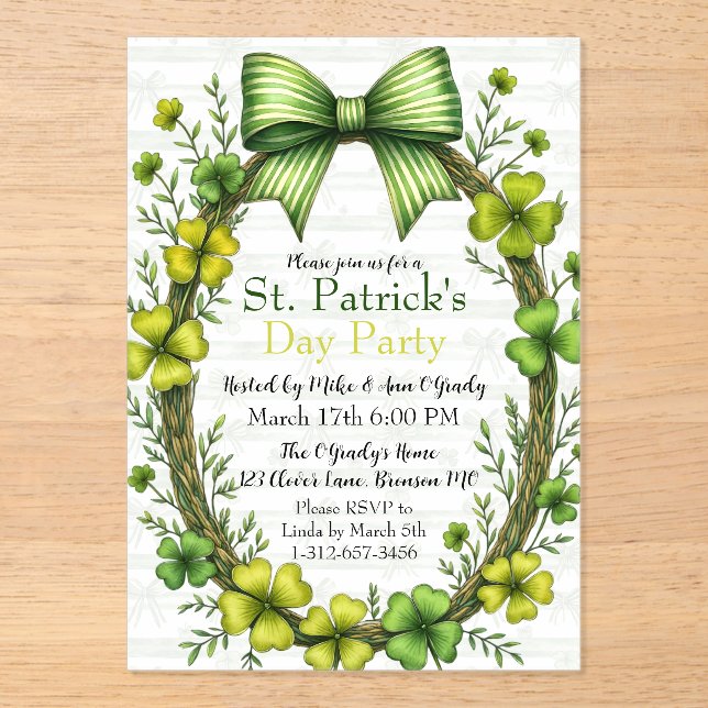 Invitaciones Acrílicas Clover & Bow St. Patrick’s Day Party Design (Anverso)