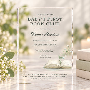 Invitaciones Acrílicas Club de Libro del Bebé Primera Fiesta de Wildflowe