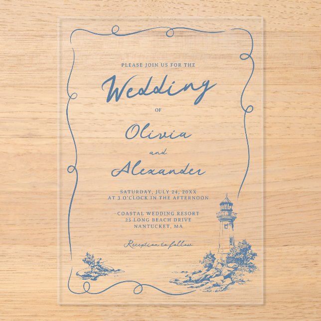 Invitaciones Acrílicas Coastal Hand Drawn Whimsical Lighthouse Wedding  (Anverso)