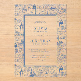 Invitaciones Acrílicas Coastal Toile Lighthouse Blue Wedding
