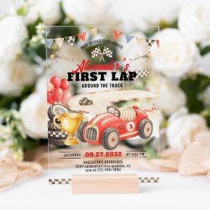 Invitaciones Acrílicas Coche de Carreras Retro Primera Vuelta a la Pista