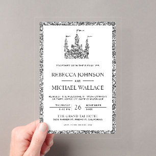 Invitaciones Acrílicas Coche de Cuento de Hadas de Plata Castillo Boda
